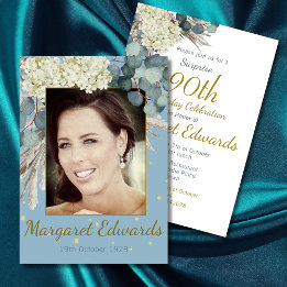 90:e Blommigt Guld Surprise Elegant Photo Birthday Inbjudningar