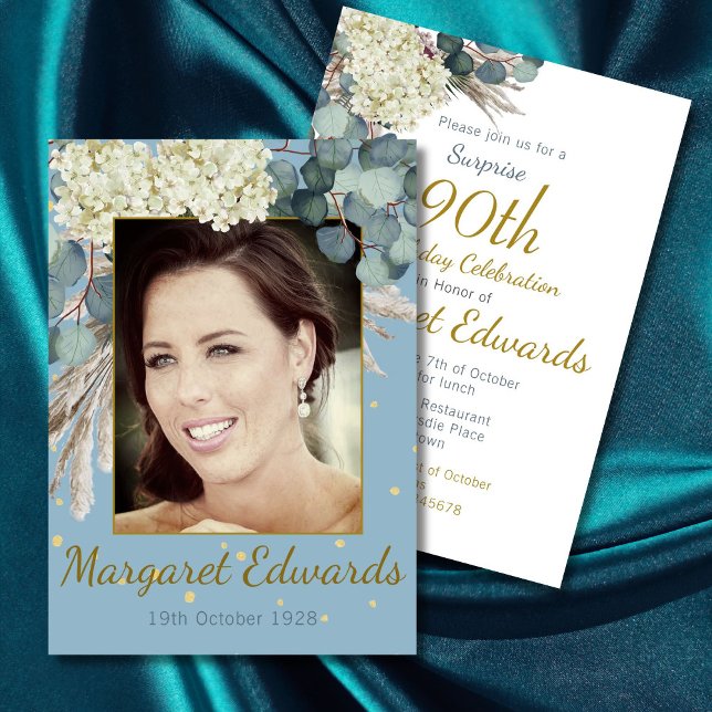 90:e Blommigt Guld Surprise Elegant Photo Birthday Inbjudningar (Skapare uppladdad)