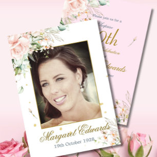 90:e Blommigt Ro Rosa Guld Elegant Fotofödelsedag Inbjudningar