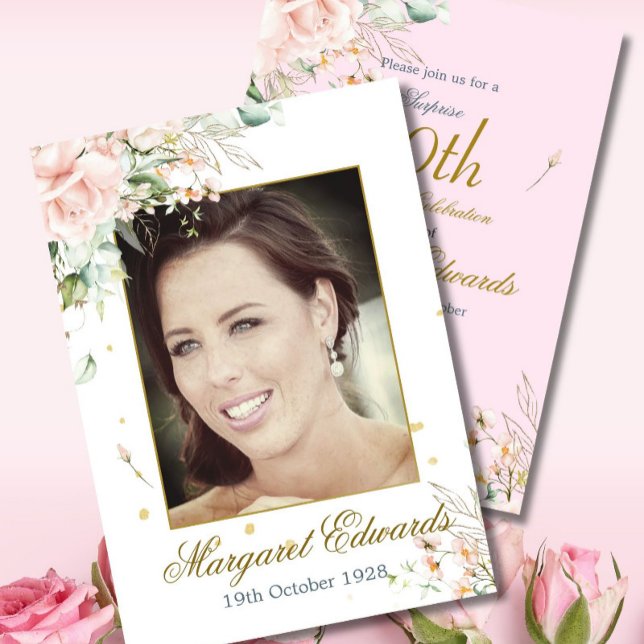 90:e Blommigt Ro Rosa Guld Elegant Fotofödelsedag Inbjudningar (Skapare uppladdad)