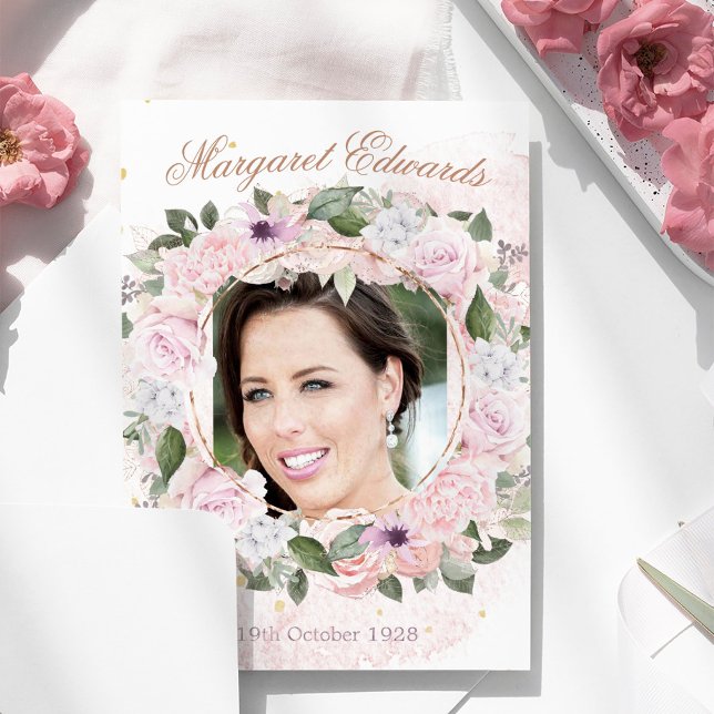 90:e Blommigt Rosa Guld Elegant Fotofödelsedag Inbjudningar (Skapare uppladdad)