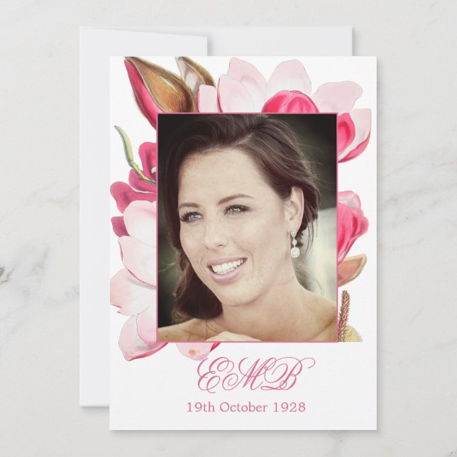 90:e Blommigt Rosa Vår Elegant Fotofödelsedag Inbjudningar (Baksida)