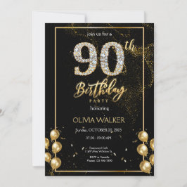 90:e Diamond Black och Guld Birthday Inbjudningar