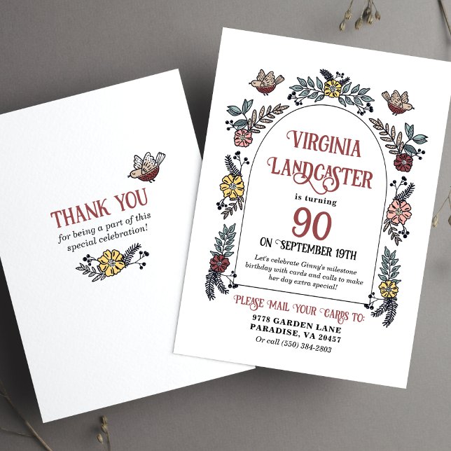 90:e dusch för Cute Garden efter Mail Birthday Inbjudningar (Card Shower milestone birthday card request invitation)