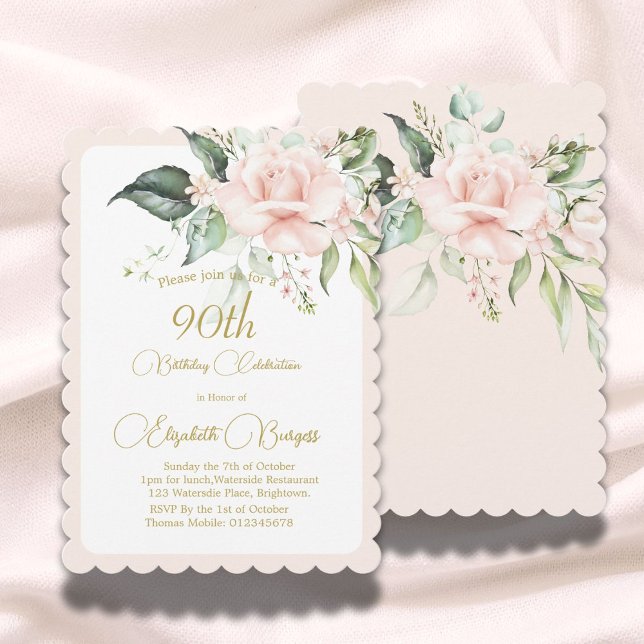 90:e Elegant för Rosa av vattenfärgen Blommigt Inbjudningar (Skapare uppladdad)