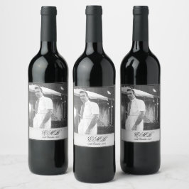 90:e Elegant Foto Monogram Black White Vinflaska Etikett
