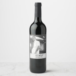 90:e Elegant Foto Monogram Black White Vinflaska Etikett