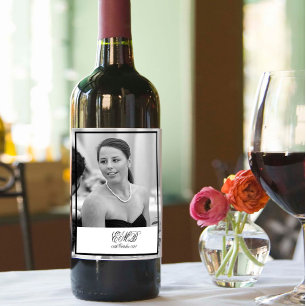 90:e Elegant Foto Monogram Black White Vinflaska Etikett