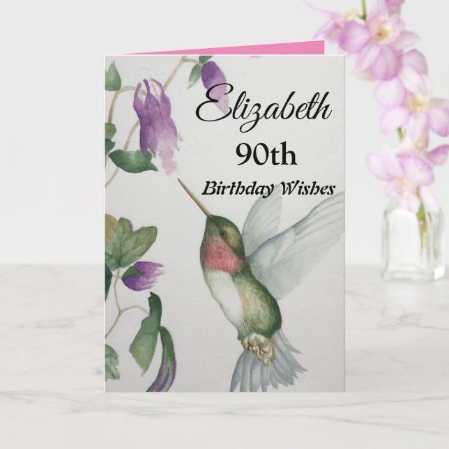 90:e Elegant på födelsedagen Hummingbird Vattenfär Kort (Orkide)
