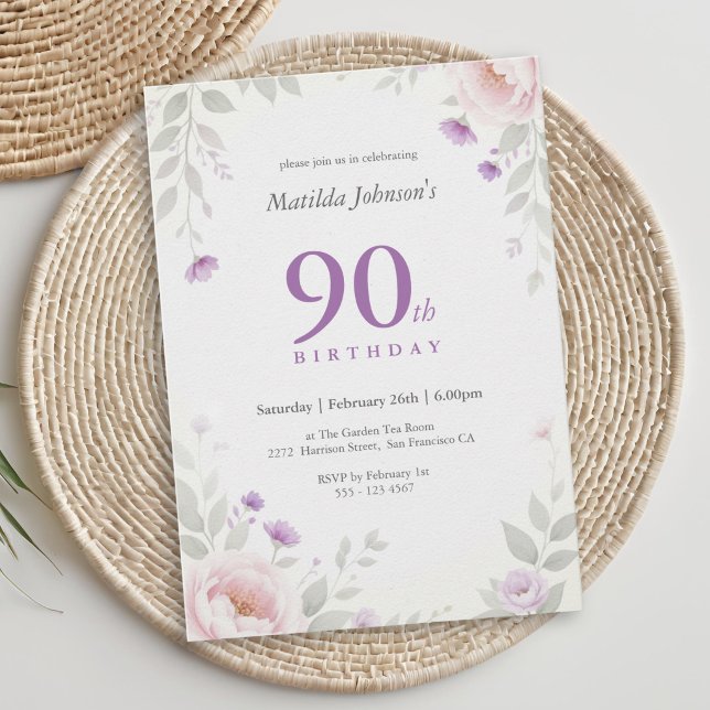 90:e Eleganta Blommiga Födelsedagsinbjudningar Inbjudningar (90th Birthday Invitation Pastel Floral Garden)