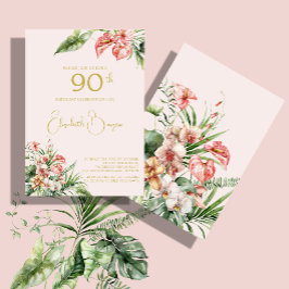 90:E Eleganten Tropical Watercolor Rosa Birthday Inbjudningar