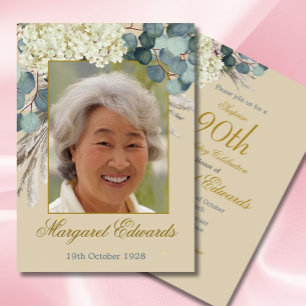 90:e FloralChic Elegant Guld Fotofödelsedag Inbjudningar