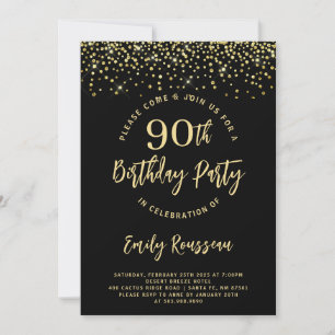 90:e födeldagen Guld Glitter Konfetti Black Inbjudningar