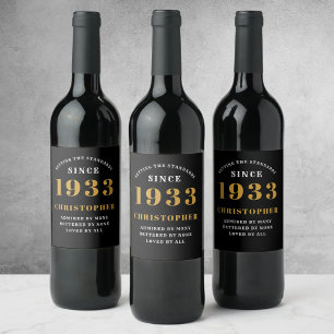 90:e födelsedag 1933 Black Guld Retro Vinflaska Etikett