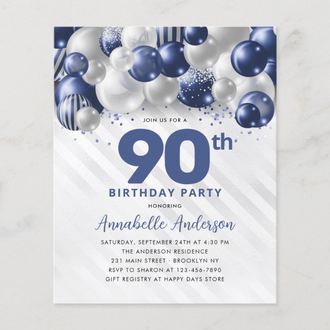 90:e födelsedag billigt Blue Silver Balloon Glitte Flygblad (Framsidan)