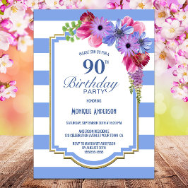 90:e födelsedag Blåstripe Blommigt Party Inbjudningar