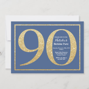 90:e födelsedag Blått och Guld Glitter Inbjudningar