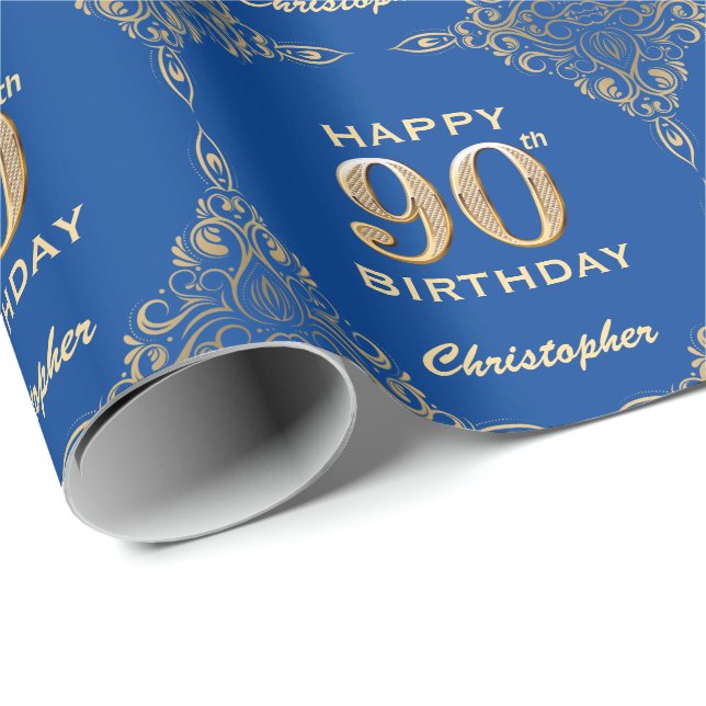 90:e födelsedag Blått och Guld Glitter Ram Presentpapper (Rullad Hörn)
