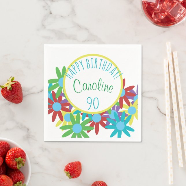 90:e födelsedag Blommigt Bouquet Anpassningsbar Pa Pappersservett (Insitu)