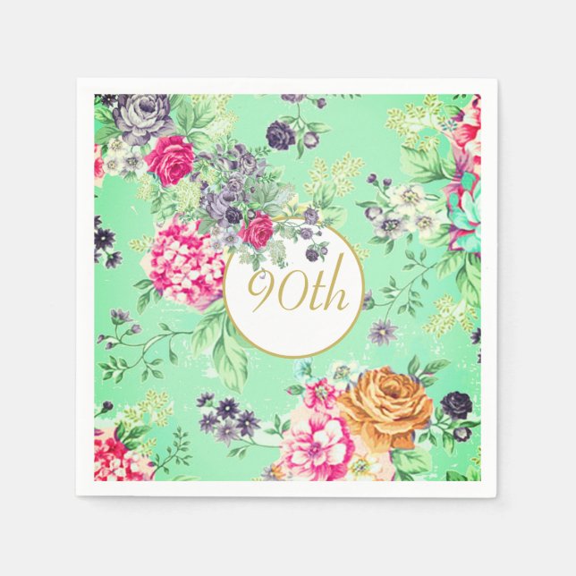 90:e födelsedag Blommigt Grönt Guld Pappersservett (Framsidan)