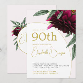 90:E födelsedag Blommigt Guld Monogram Elegant Inbjudningar