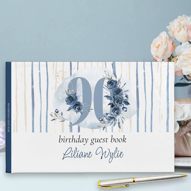 90:e födelsedag Blommigt Kustblått Gästböcker (90th Birthday Party Guest Book from my Floral Number Birthday Party Collection)