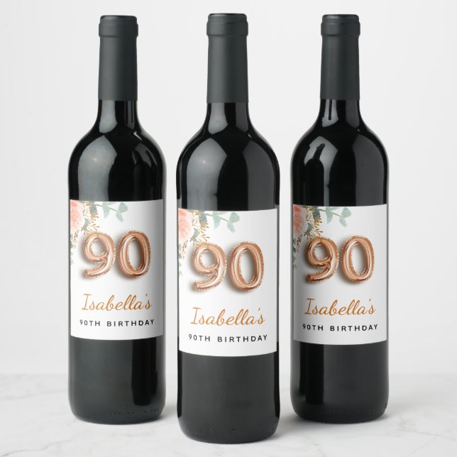 90:e födelsedag blommigt ro guld eucalyptus monogr vinflaska etikett (Flaskor)