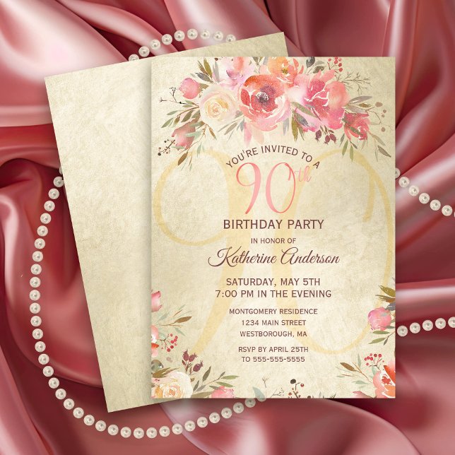 90:e födelsedag Blommigt Rosa ros Guld Shimmer Par Inbjudningar (Elegant 90th Birthday Party Invitation with pink roses and gold shimmer.)