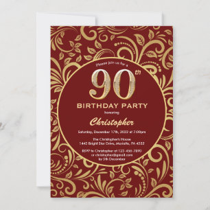 90:e födelsedag Blommönstret Burgundy Red och Guld Inbjudningar