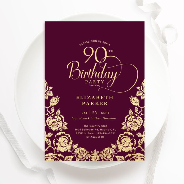 90:e födelsedag Burgundy Guld Ro Inbjudningar (Skapare uppladdad)