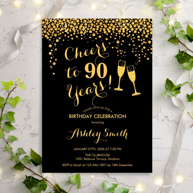 90:e födelsedag - Cheers to 90 Years Guld Black Inbjudningar (Skapare uppladdad)