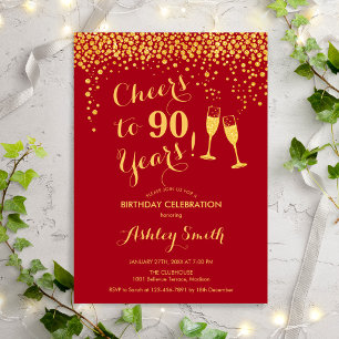 90:e födelsedag - Cheers to 90 Years Guld Red Inbjudningar
