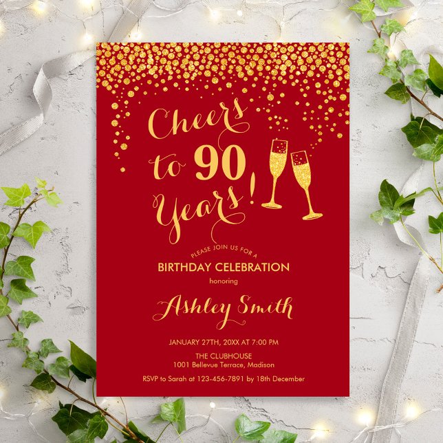 90:e födelsedag - Cheers to 90 Years Guld Red Inbjudningar (Skapare uppladdad)