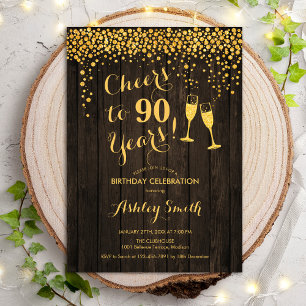 90:e födelsedag - Cheers to 90 Years Guld Wood Inbjudningar