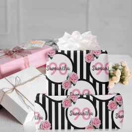 90:e födelsedag chic rosa ros svartvit rand presentpapper