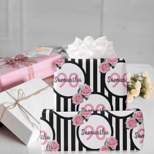 90:e födelsedag chic rosa ros svartvit rand presentpapper