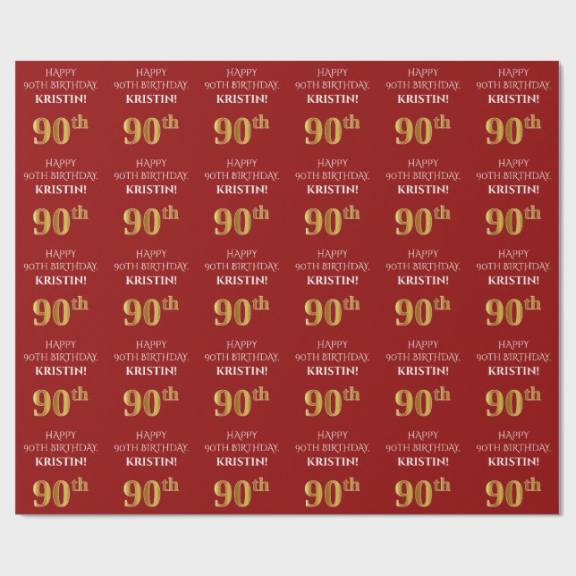 90:e födelsedag: Elegant, rött, Faux Guld Titta Presentpapper (Platt)