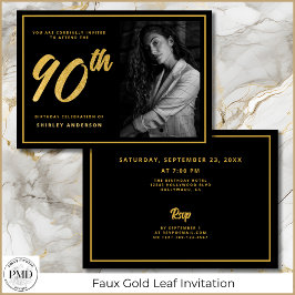 90:e födelsedag Eleganten Photo Black Faux Guld Lö Inbjudningar