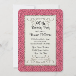 90:e födelsedag Faux Guld Glitter Damask Pattern Inbjudningar