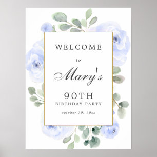 90:e födelsedag för blått Ro-Blommigt Poster
