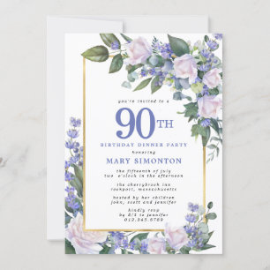 90:e födelsedag för Blue White Guld Blommigt Inbjudningar