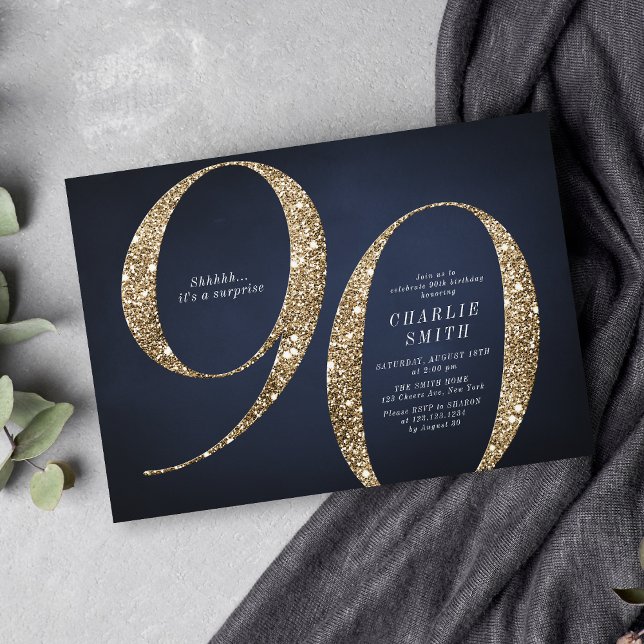 90:e födelsedag för den moderna minimalistiska flo inbjudningar (Modern minimalist navy gold glitter 90th birthday invitation)
