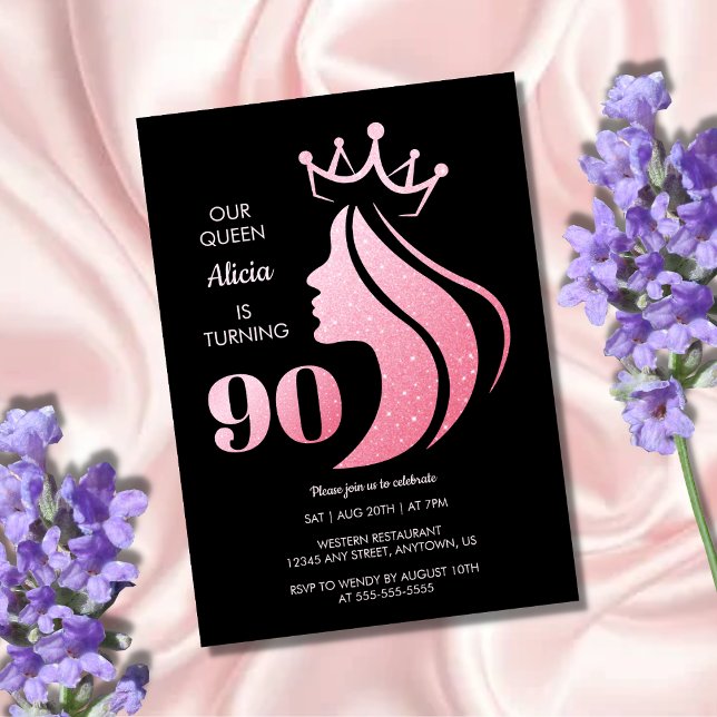 90:e födelsedag för drottning Krona Rosa Glitter B Inbjudningar (Skapare uppladdad)