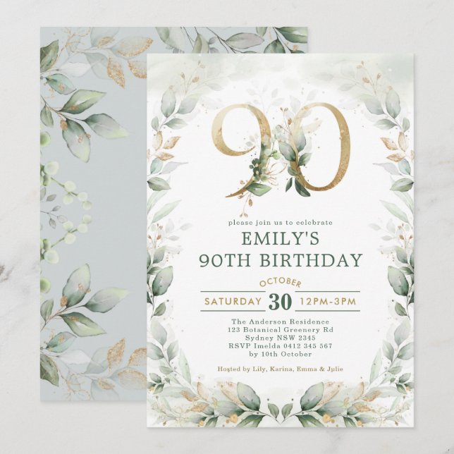 90:e födelsedag för Eucalyptus Greenery Guld Garde Inbjudningar (Fram/baksida)