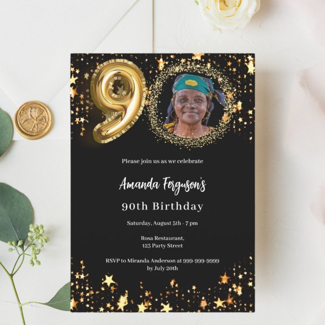 90:e födelsedag för fotostjärnor i Black guld Inbjudningar (Skapare uppladdad)
