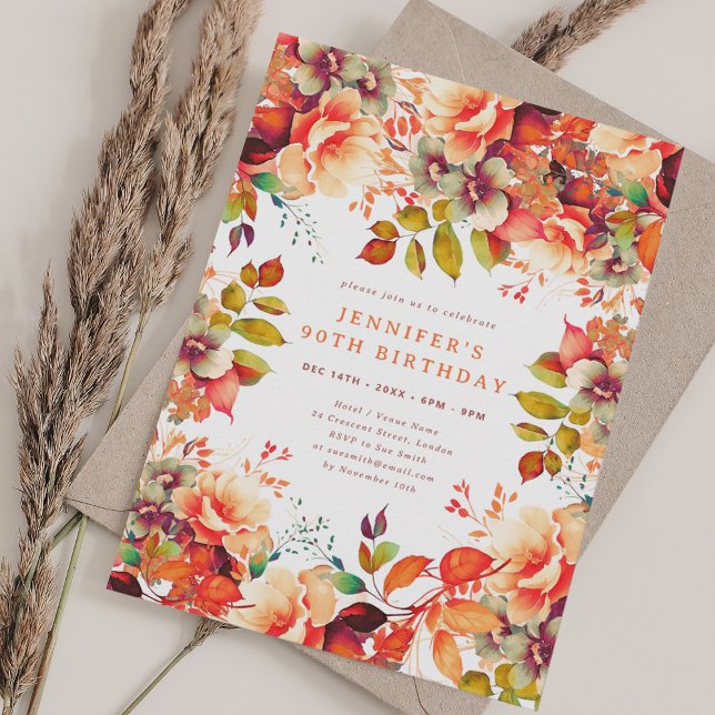 90:e födelsedag för höstfärg, Blommigt för höstfär Inbjudningar (Fall Autumn Watercolor Floral 90th Birthday Invitation)