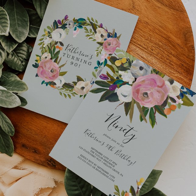 90:e födelsedag för målad Blommigt Inbjudningar (Skapare uppladdad)