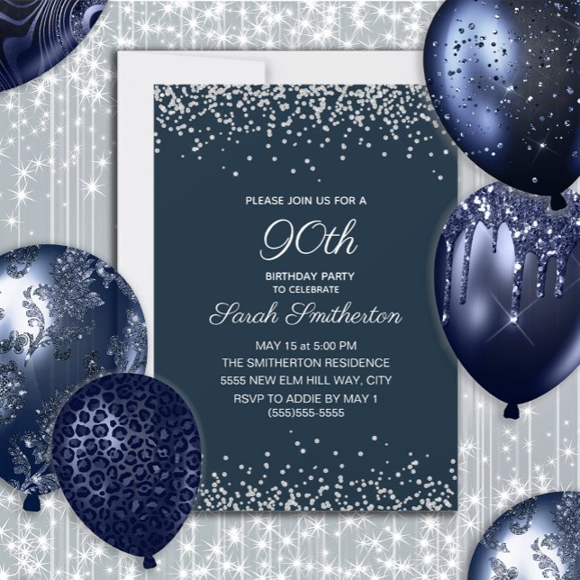 90:e födelsedag för marinblå Silver Diamond Glitte Inbjudningar (Navy blue and silver glitter women's 90th birthday party invitation customizable with your own text.)