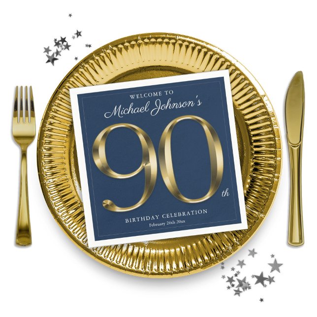 90:e födelsedag för marinblått och Guld Elegant Pappersservett (Navy Blue and Gold Elegant 90th Birthday Napkins)