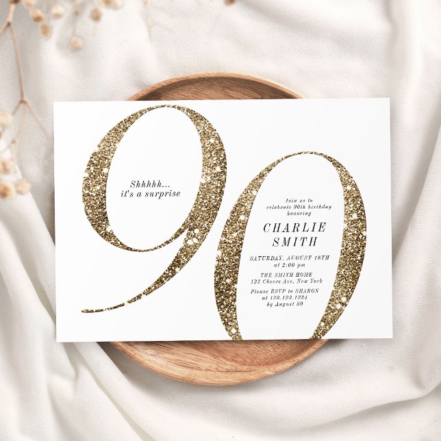 90:e födelsedag för modern minimalistisk faux guld inbjudningar (Modern minimalist faux gold glitter 90th birthday invitation)